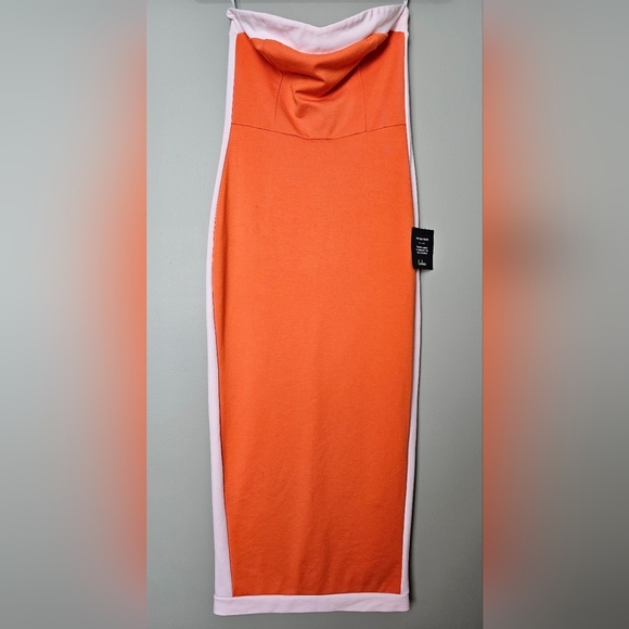 Lulus Impressive Edge Orange Color Block Strapless Midi Dress, Size Medium - Picture 7 of 11